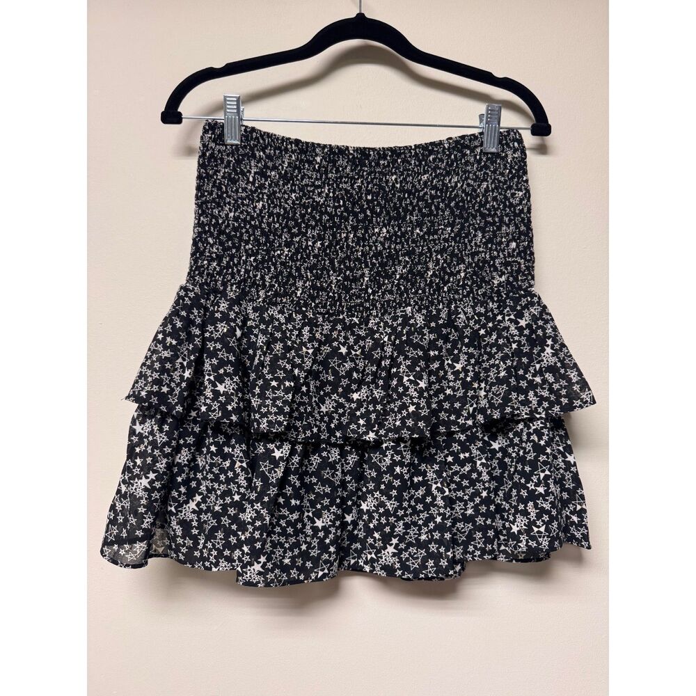 NWOT - SEN Black Smocked Tiered Fully Lined Metallic Star Print Mini Skirt, Sz S